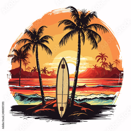 Emblem with sea wave surfboard and palm tree. Summer beach sticker with a surfer theme.