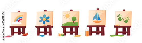 Wooden easels and pictures. Children painting workshop elements. Art supplies, easel paint tubes and jars, brush pencil. Color drops, vector set