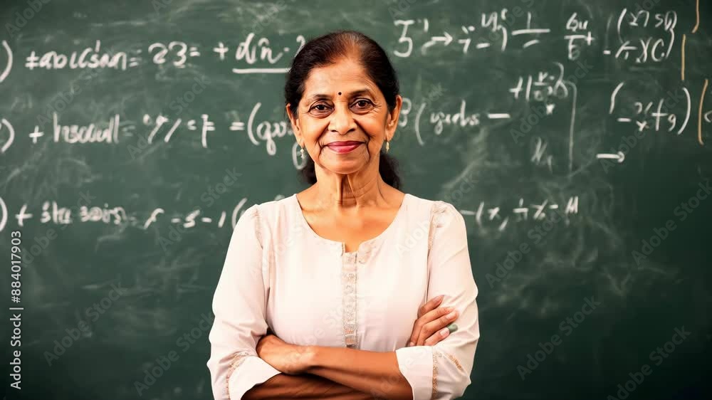 Confident Indian female math teacher smiling in front of chalkboard