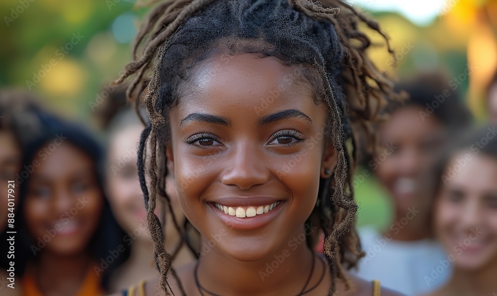 A multicultural group of friends take a selfie with an African woman in the foreground, showcasing friendship and happiness.