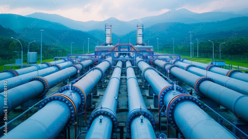 A sprawling natural gas plant with a network of pipes and tanks A sprawling natural gas plant with a network of pipes and tanks