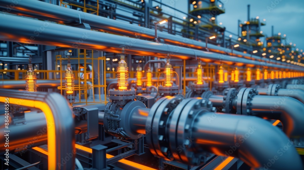 An advanced power plant utilizing crude oil, with intricate machinery and glowing networks, demonstrating efficiency and modern engineering An advanced power plant utilizing crude oil, with intricate machinery and glowing networks, demonstrating efficiency and modern engineering