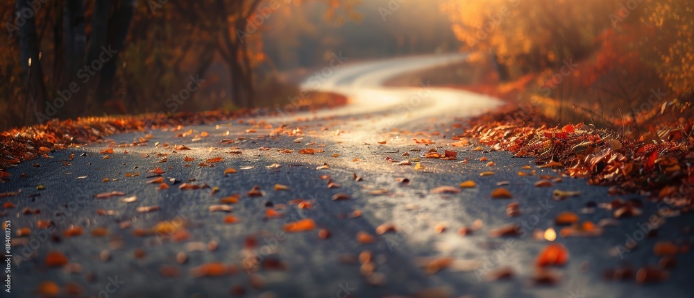 Curved road covered with autumn leaves, adorned by a soft, warm sunset glow, creating a serene and picturesque autumn scene. Curved road covered with autumn leaves, adorned by a soft, warm sunset glow, creating a serene and picturesque autumn scene.
