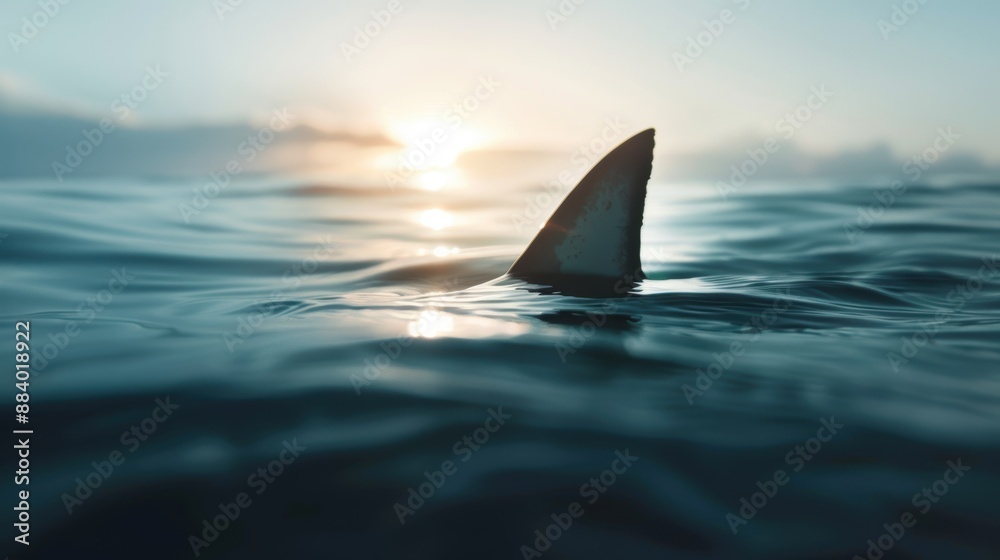Fototapeta premium Dramatic evening seascape with a shark fin emerging from the water, lit by a setting sun and surrounded by gentle ocean waves.