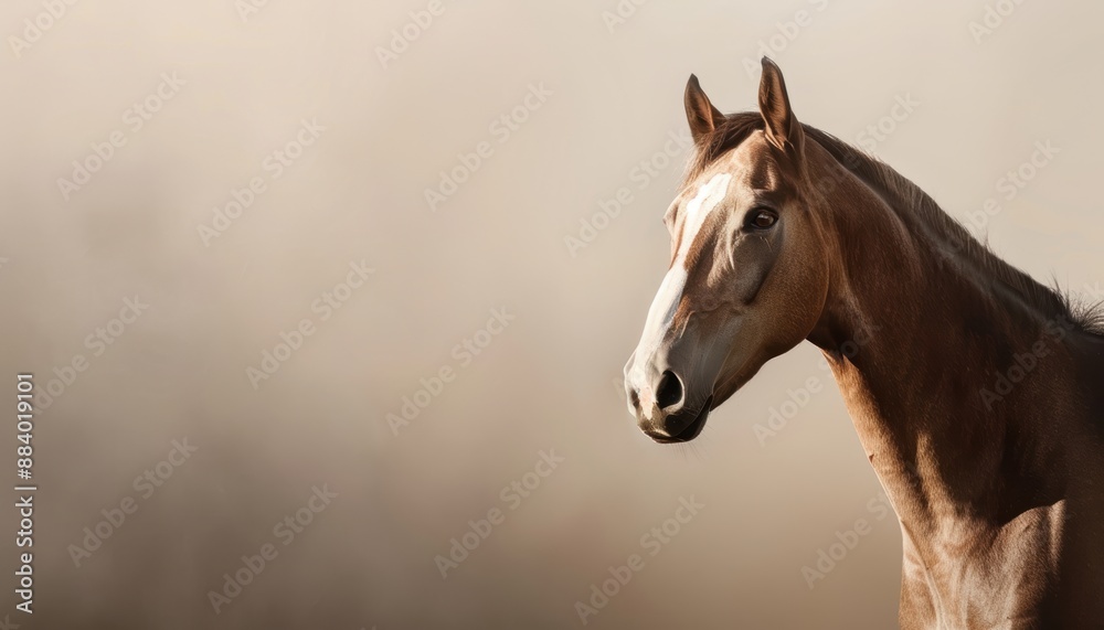 Fototapeta premium Elegant brown horse with a calm expression standing against a soft, blurred background that highlights its sleek coat and striking features.
