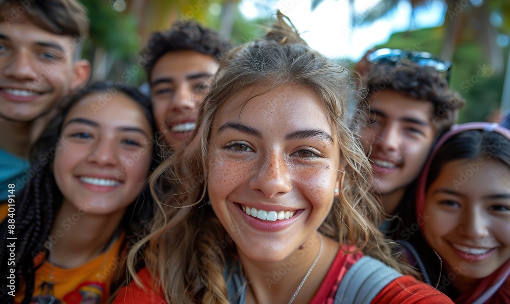 A group of happy, multicultural college students take a selfie picture on campus, enjoying their time together outside of school as part of the back-to-school festivities. A group of happy, multicultural college students take a selfie picture on campus, enjoying their time together outside of school as part of the back-to-school festivities.