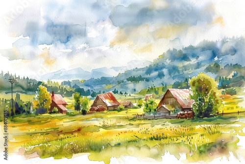 Hand-Drawn Watercolor Illustration of Organic Farm Products in a Rural Landscape