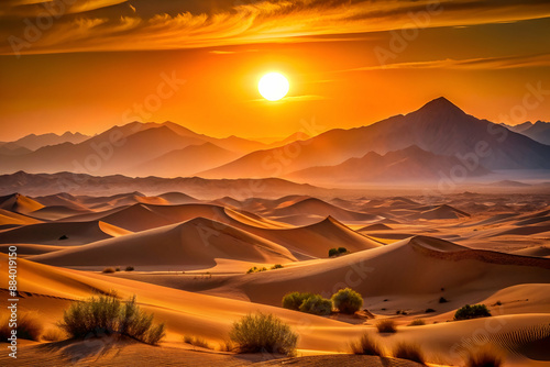 A desert landscape with a large mountain range in the background and a large sun in the sky. The sun is setting, creating a warm and peaceful atmosphere