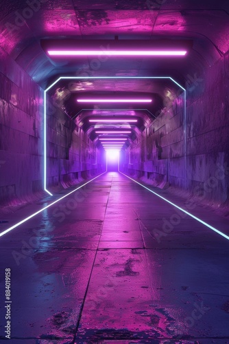 A 3D rendering depicting a neon-lit, laser purple and blue parking sci-fi futuristic alien spaceship corridor tunnel showroom hangar underground hallway basement © Thi