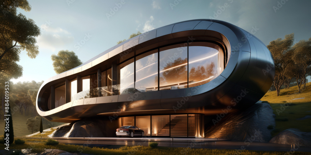 Fototapeta premium Futuristic style house located outside the city.