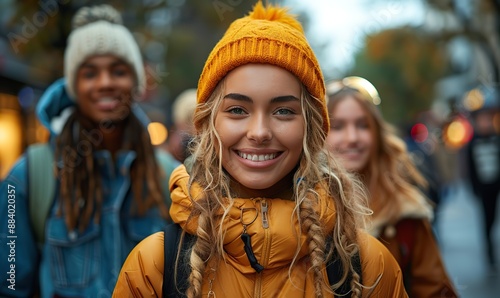 A cheerful group of friends enjoy their time outdoors, walking on a city street and having fun on a college campus, showcasing the concept of a happy and diverse lifestyle.