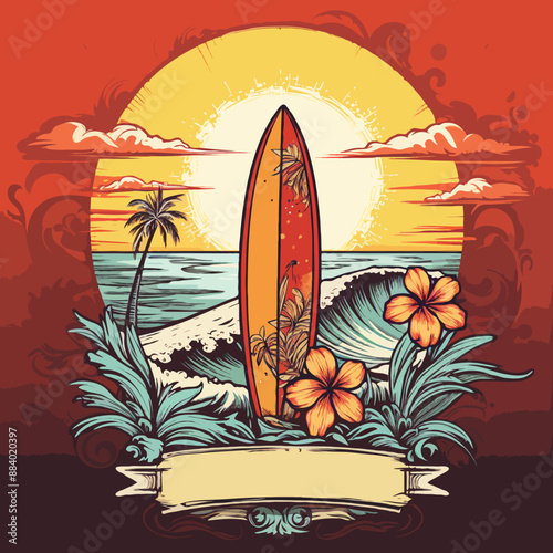 Surf club graphic print design for t-shirt, sticker, poster and more. Surfboard with wave vector artwork design.