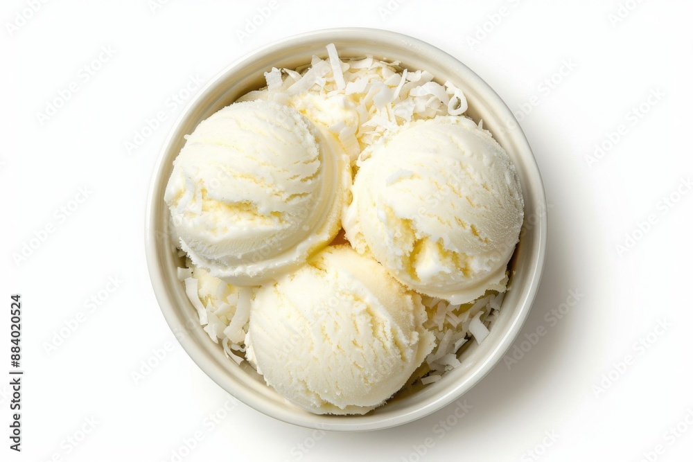 Delicious Bowl of Coconut Ice Cream Isolated on a white background, top view, png, cut-out Delicious Bowl of Coconut Ice Cream Isolated on a white background, top view, png, cut-out