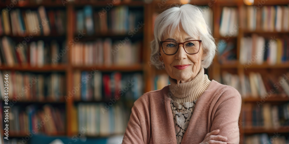 Senior woman with glasses smiling confidently in a cozy library, representing wisdom and lifelong learning. Senior woman with glasses smiling confidently in a cozy library, representing wisdom and lifelong learning.