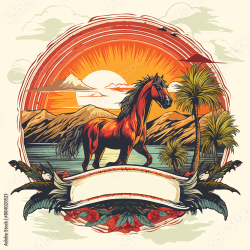 A wild untamed horse in the wild. Stylish label or sticker. photo