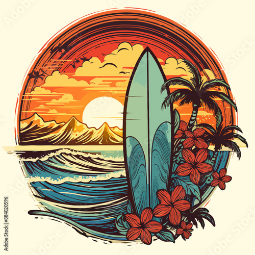 Hawaiian style surf club and surf school design. Retro vintage label.