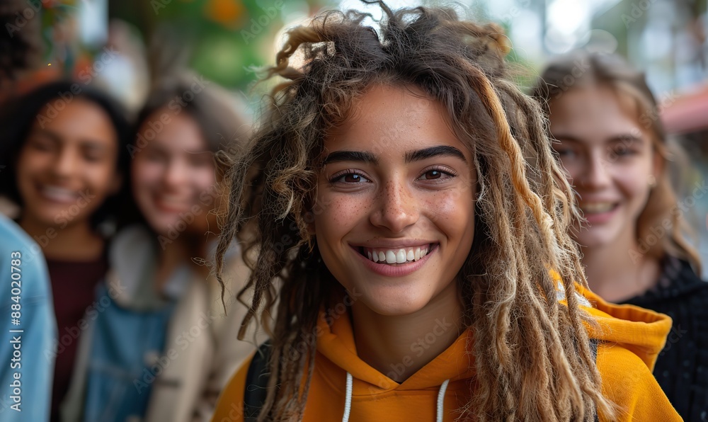 A group of young multiracial friends are having fun outdoors, laughing and talking on a city street, embodying the concept of friendship.