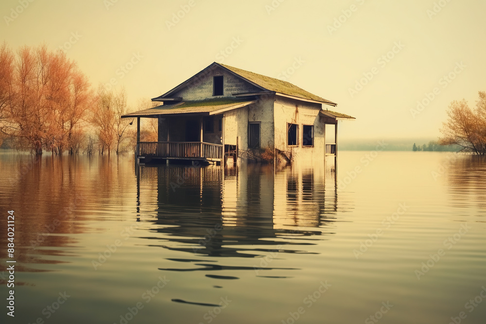 generated illustration of wooden house in the water. Flood disaster. generated illustration of wooden house in the water. Flood disaster.