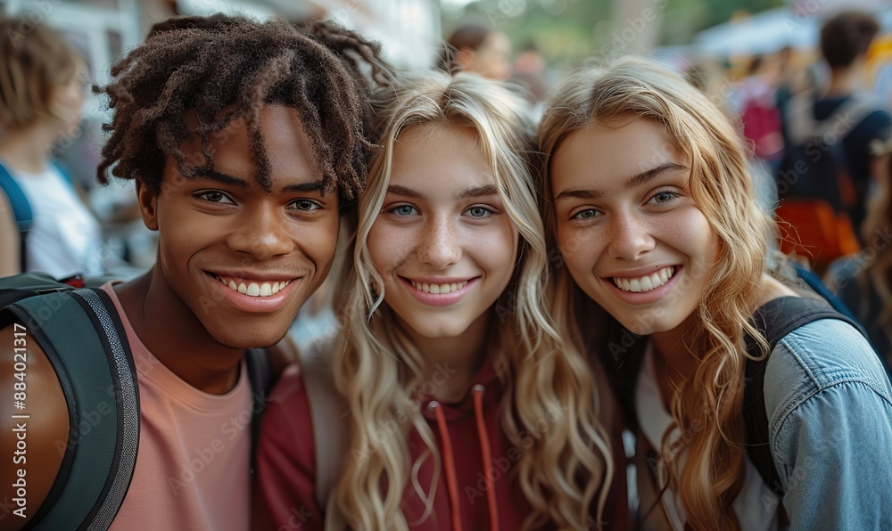 Multiracial best friends taking a selfie with their smartphone outside, representing friendship and togetherness as they hang out on the city street. Multiracial best friends taking a selfie with their smartphone outside, representing friendship and togetherness as they hang out on the city street.