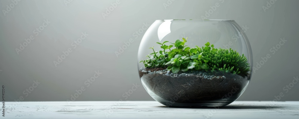 Minimalist terrarium with green plants in a glass bowl on a white surface, showcasing clean design and nature indoors. Minimalist terrarium with green plants in a glass bowl on a white surface, showcasing clean design and nature indoors.