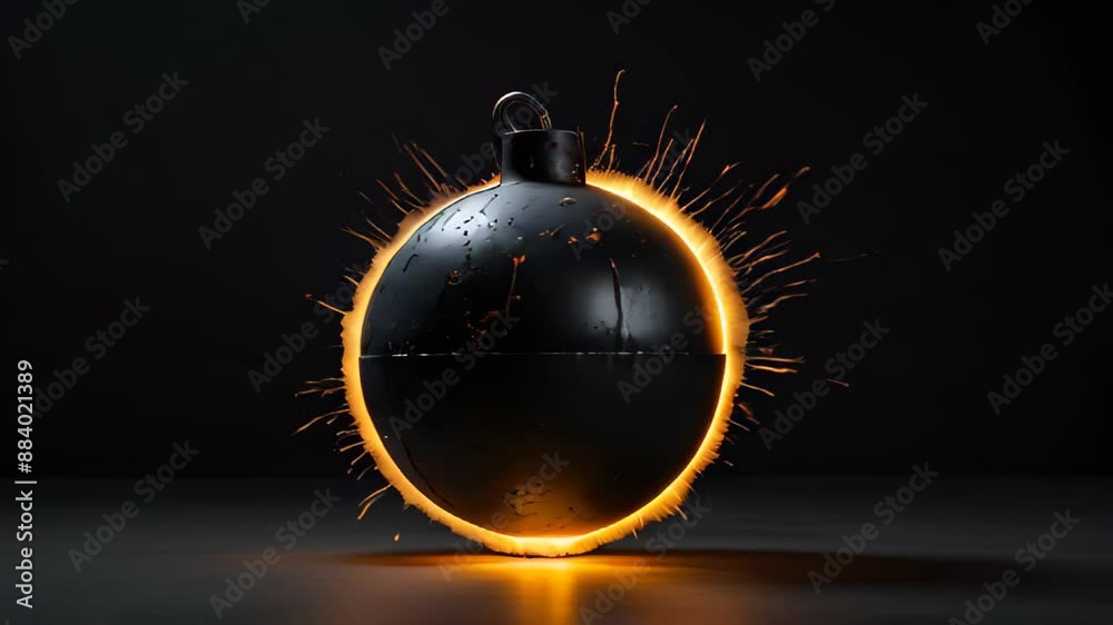 Round black bomb with lit fuse burning with sparks. Symbolizing fear, crisis, or dangerous violence. High quality 4k footage