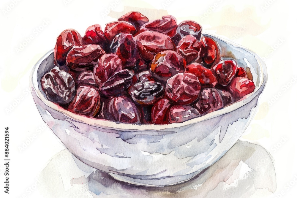 Hand-painted Watercolor Art of Deliciously Sweet Red Raisins in a Bowl Hand-painted Watercolor Art of Deliciously Sweet Red Raisins in a Bowl