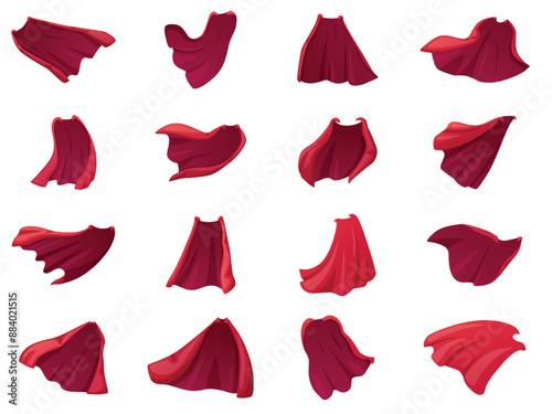 Cartoon superhero red cape. Different cloaks in active shapes, flying vibrant capes. Isolated elements for children, magic mantle nowaday vector set