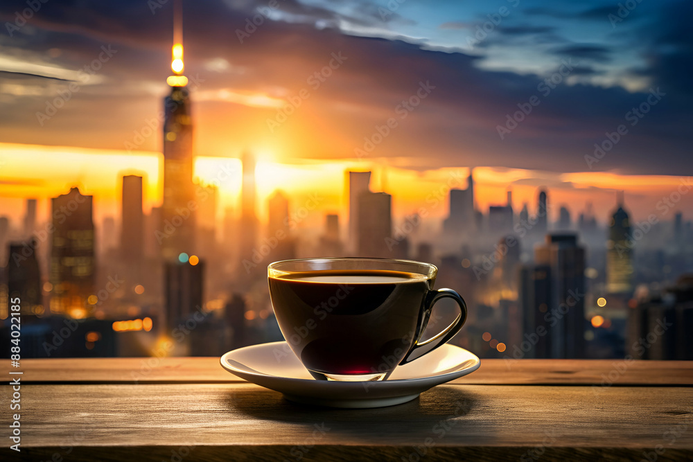A cup of coffee is sitting on a wooden table in front of a city skyline. The scene is serene and peaceful, with the city in the background and the sun setting in the distance A cup of coffee is sitting on a wooden table in front of a city skyline. The scene is serene and peaceful, with the city in the background and the sun setting in the distance