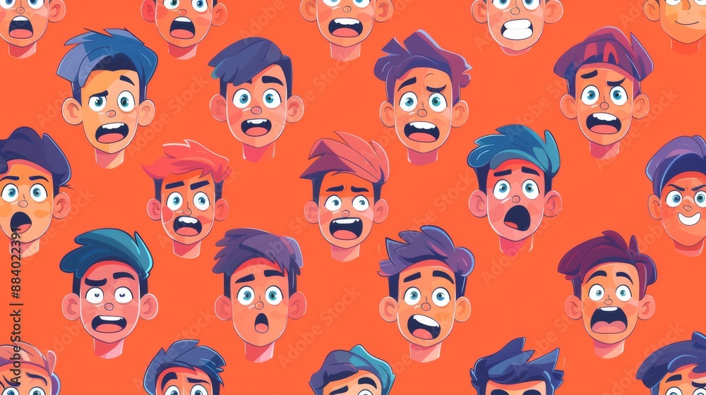Seamless pattern of various male facial expressions with different hairstyles on orange background Seamless pattern of various male facial expressions with different hairstyles on orange background
