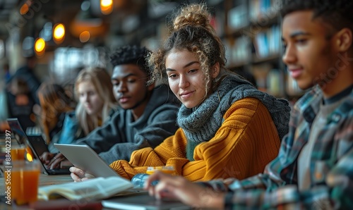 Diverse multiracial coworkers utilize a tablet in a creative office space while college students, seated at a table, work on a school assignment with a laptop.