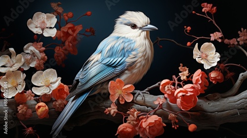 A Blue Bird Perched on a Branch with Delicate Pink and White Blossoms