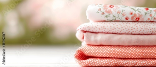 A neatly stacked pile of colorful fabric with floral and polka dot patterns, perfect for quilting or sewing projects.