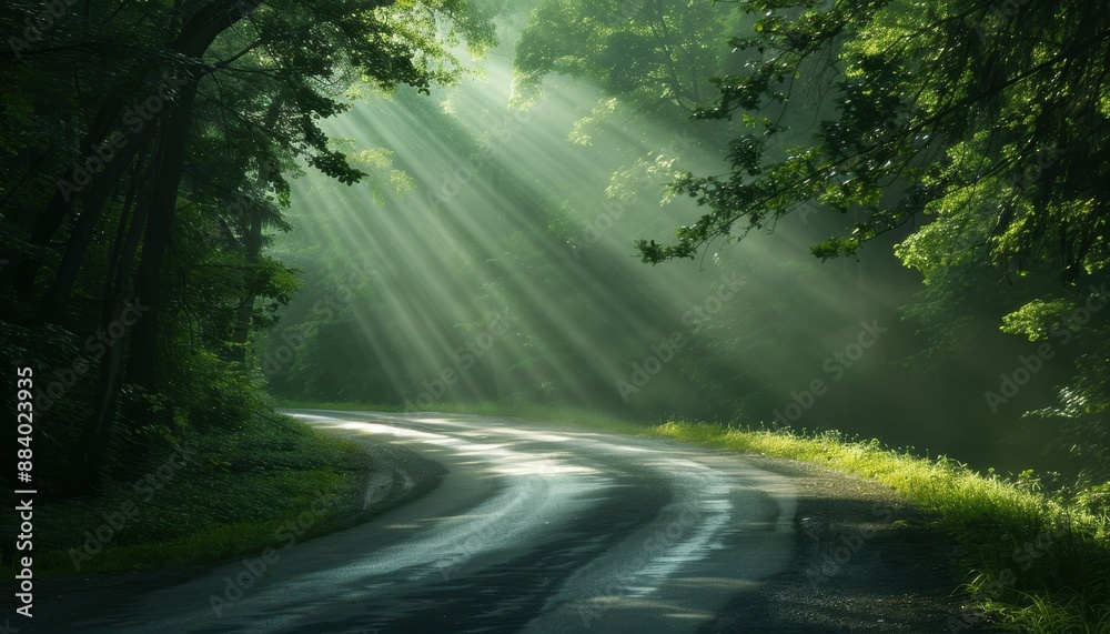 Serene winding road in a lush green forest with rays of sunlight filtering through the trees, creating a tranquil atmosphere. Serene winding road in a lush green forest with rays of sunlight filtering through the trees, creating a tranquil atmosphere.