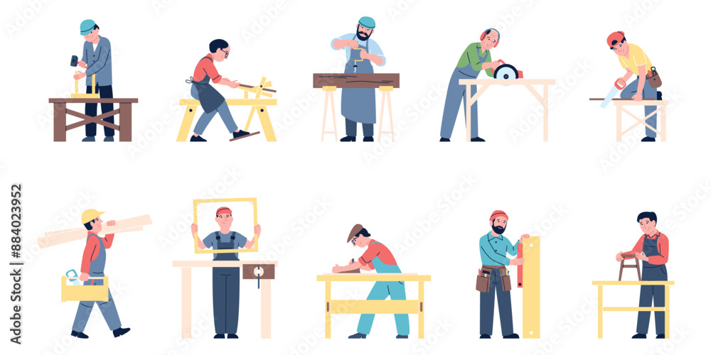 Carpenter working. Wood industry workers, joiners and craftsmen. Men sawing, planing, hammering nails, processing woods recent vector clipart Carpenter working. Wood industry workers, joiners and craftsmen. Men sawing, planing, hammering nails, processing woods recent vector clipart