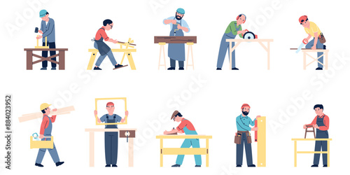 Carpenter working. Wood industry workers, joiners and craftsmen. Men sawing, planing, hammering nails, processing woods recent vector clipart