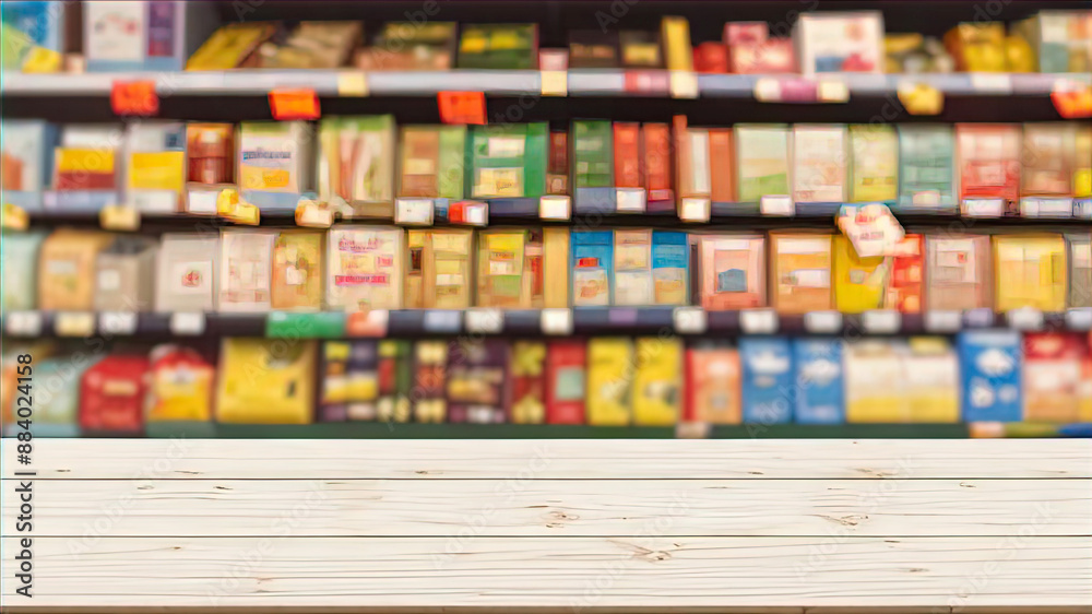 Naklejka premium Empty wooden tabletop with blurred supermarket background for product display