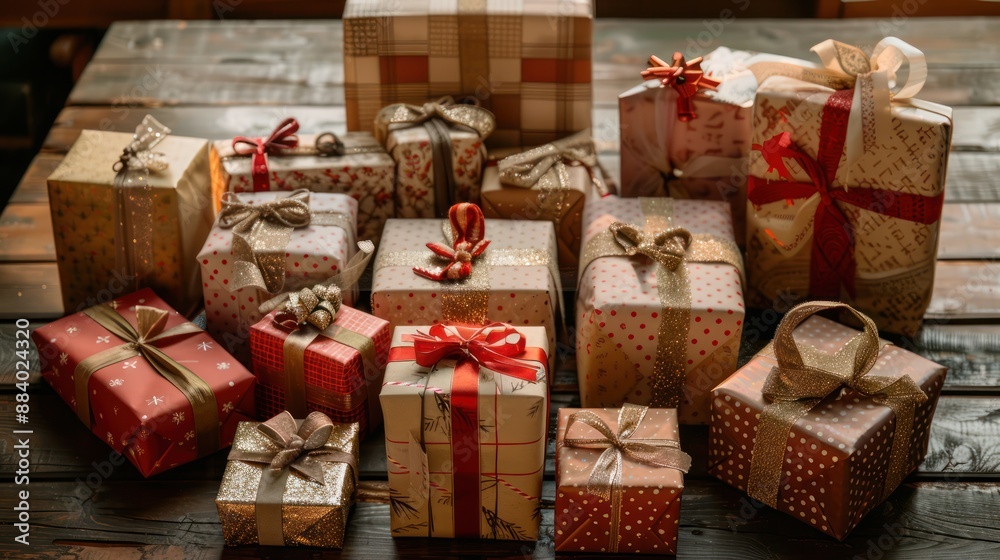Neatly wrapped gifts of various sizes and shapes arranged on a table. Neatly wrapped gifts of various sizes and shapes arranged on a table.