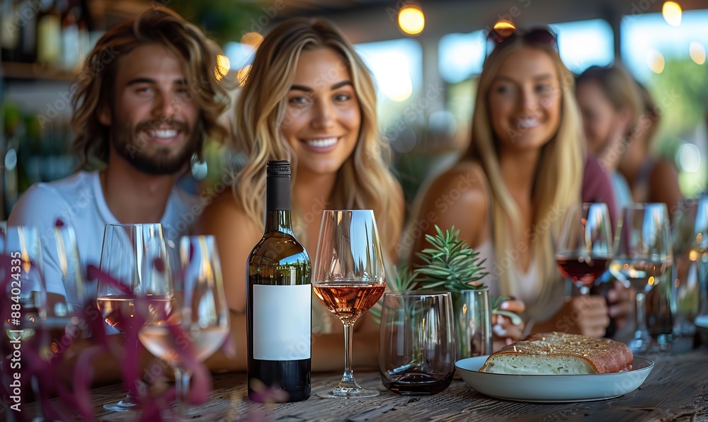 Young people at a winery restaurant are having fun and taking a selfie, with one blonde girl in focus, all while cheering wine glasses. Young people at a winery restaurant are having fun and taking a selfie, with one blonde girl in focus, all while cheering wine glasses.
