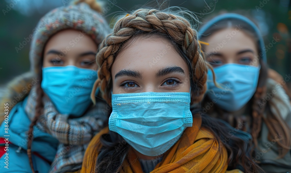 Young multiracial friends wearing face masks enjoy a selfie outside, embracing the new normal lifestyle. Young multiracial friends wearing face masks enjoy a selfie outside, embracing the new normal lifestyle.