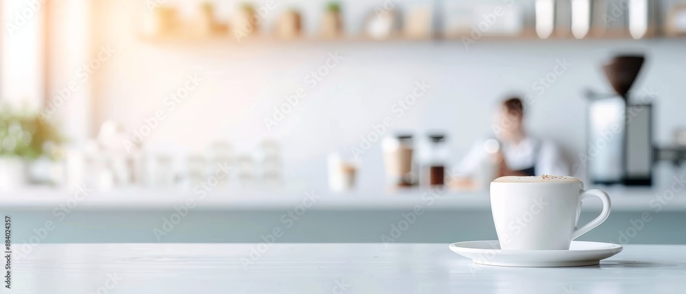 A steaming cup of coffee sits on a clean white counter in a modern cafe, with a barista working in the blurred background. Warm, inviting atmosphere. A steaming cup of coffee sits on a clean white counter in a modern cafe, with a barista working in the blurred background. Warm, inviting atmosphere.