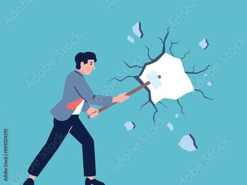Man hammering wall. Businessman overcoming problems and destroy obstacle. Person with giant hammer, target or goal achievement recent vector scene