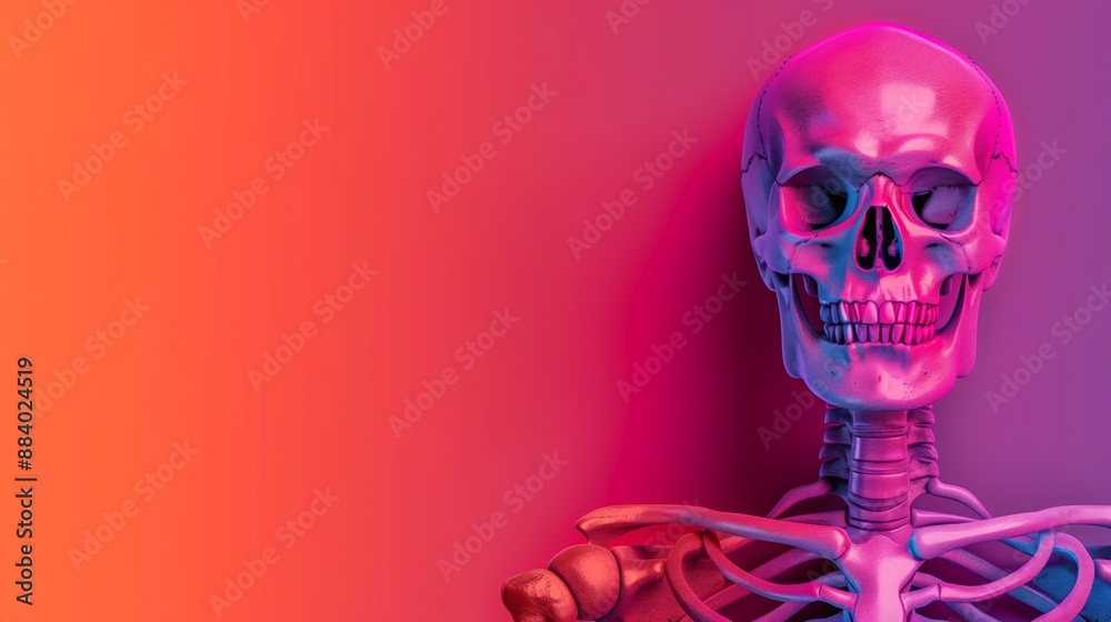 A human skull illuminated by a vibrant gradient of orange and purple A human skull illuminated by a vibrant gradient of orange and purple