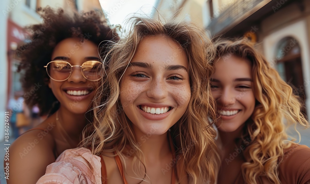 Multiracial friends enjoy time together outdoors on a city street, taking a selfie with a friendship concept, enhanced by a bright filter. Multiracial friends enjoy time together outdoors on a city street, taking a selfie with a friendship concept, enhanced by a bright filter.