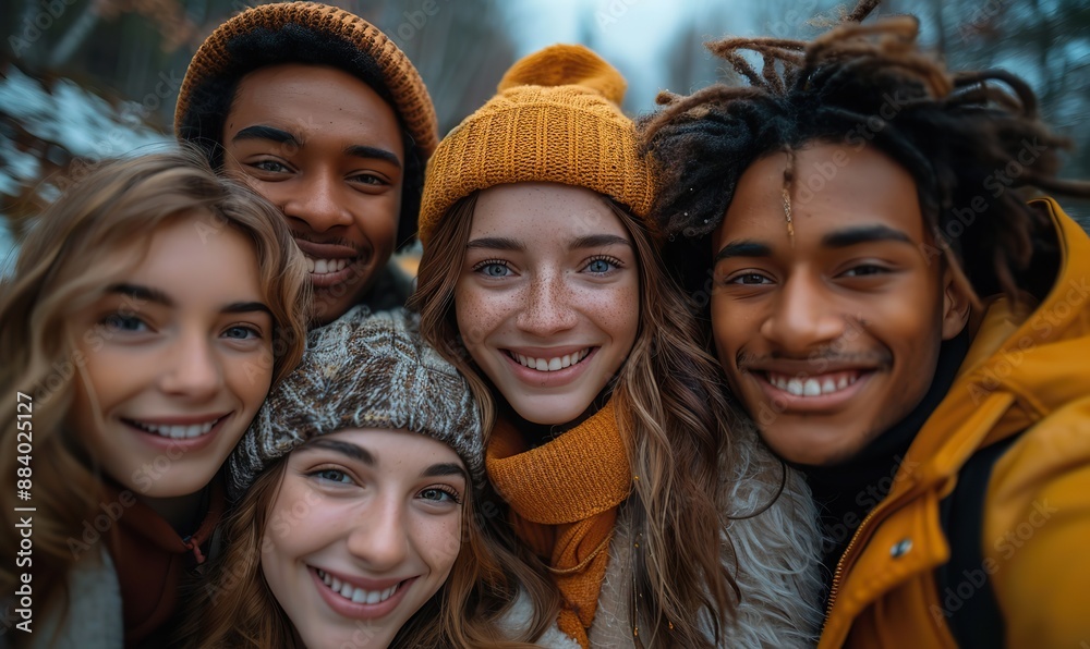A group of young people, including multiracial friends, smile at the camera while taking a selfie with a smart mobile phone outside, demonstrating friendship and fun on a city street. A group of young people, including multiracial friends, smile at the camera while taking a selfie with a smart mobile phone outside, demonstrating friendship and fun on a city street.