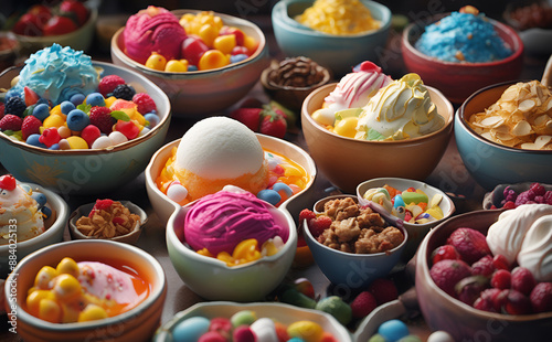 Ice cream scoops on a bowl with different flavors, A colorful summer treat in melting ice cream.

 photo