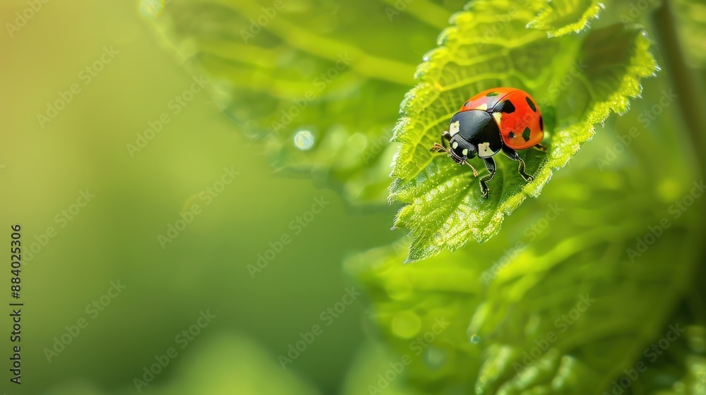 Small red-orange ladybug on a green leaf Small red-orange ladybug on a green leaf