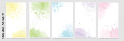 Watercolor art background cover template set. Wallpaper design with paint brush, pink, blue,green, yellow color, brush stroke. Abstract illustration for prints, wall art and invitation card, banner.
