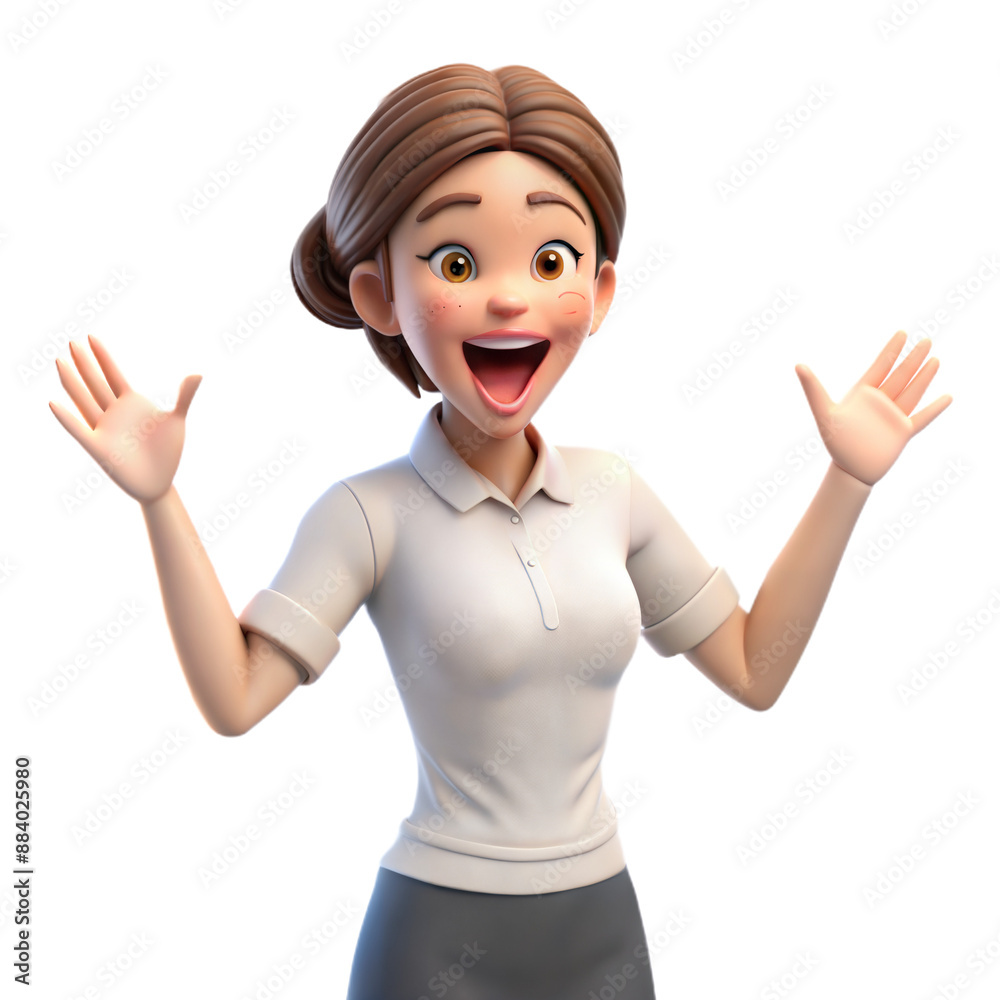 A 3D woman in a white shirt and skirt, expressing joy and surprise. A 3D woman in a white shirt and skirt, expressing joy and surprise.