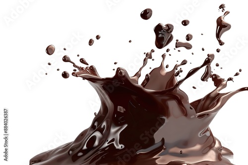 Liquid Chocolate crown splash in a pool of liquid chocolate and ripples. Isolated On white background. perspective low view point, very close up, illustration, 