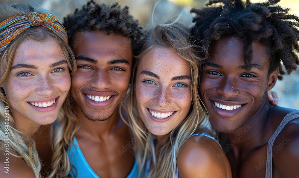 A multiracial group of friends took a selfie picture outdoors. A multiracial group of friends took a selfie picture outdoors.